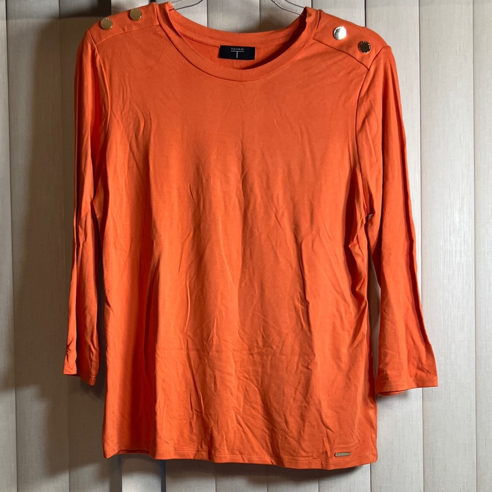 Tahari Vibrant Orange Long Sleeve Top with Metallic Buttons